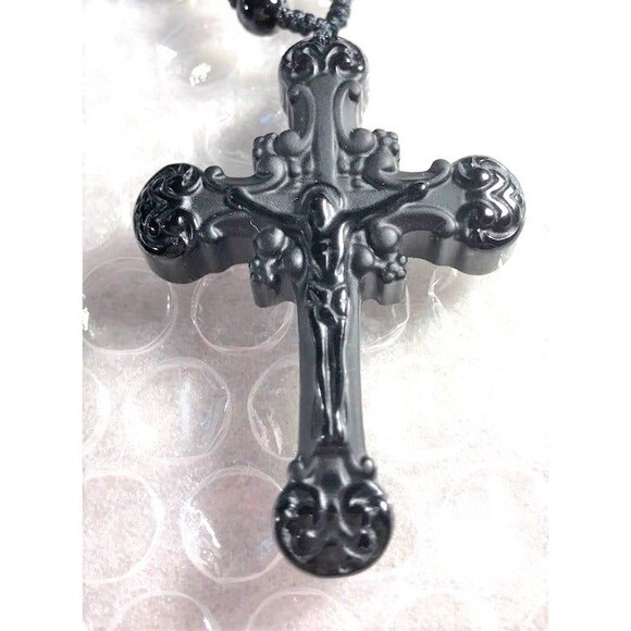 Very Nice Black Obsidian Crucifix on Black Obsidian Beaded Necklace - Picture 2 of 7
